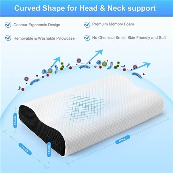 Contour Memory Foam Pillow, Neck Pillows for Pain Relief Sleeping, Cooling Gel - Picture 5 of 6